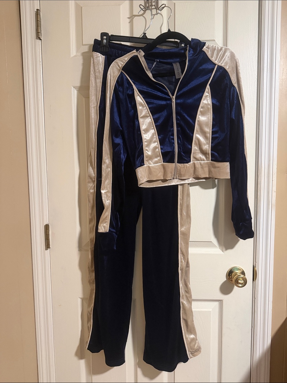 Women’s Velour Track Jacket & Pants Set - Navy and Champagne